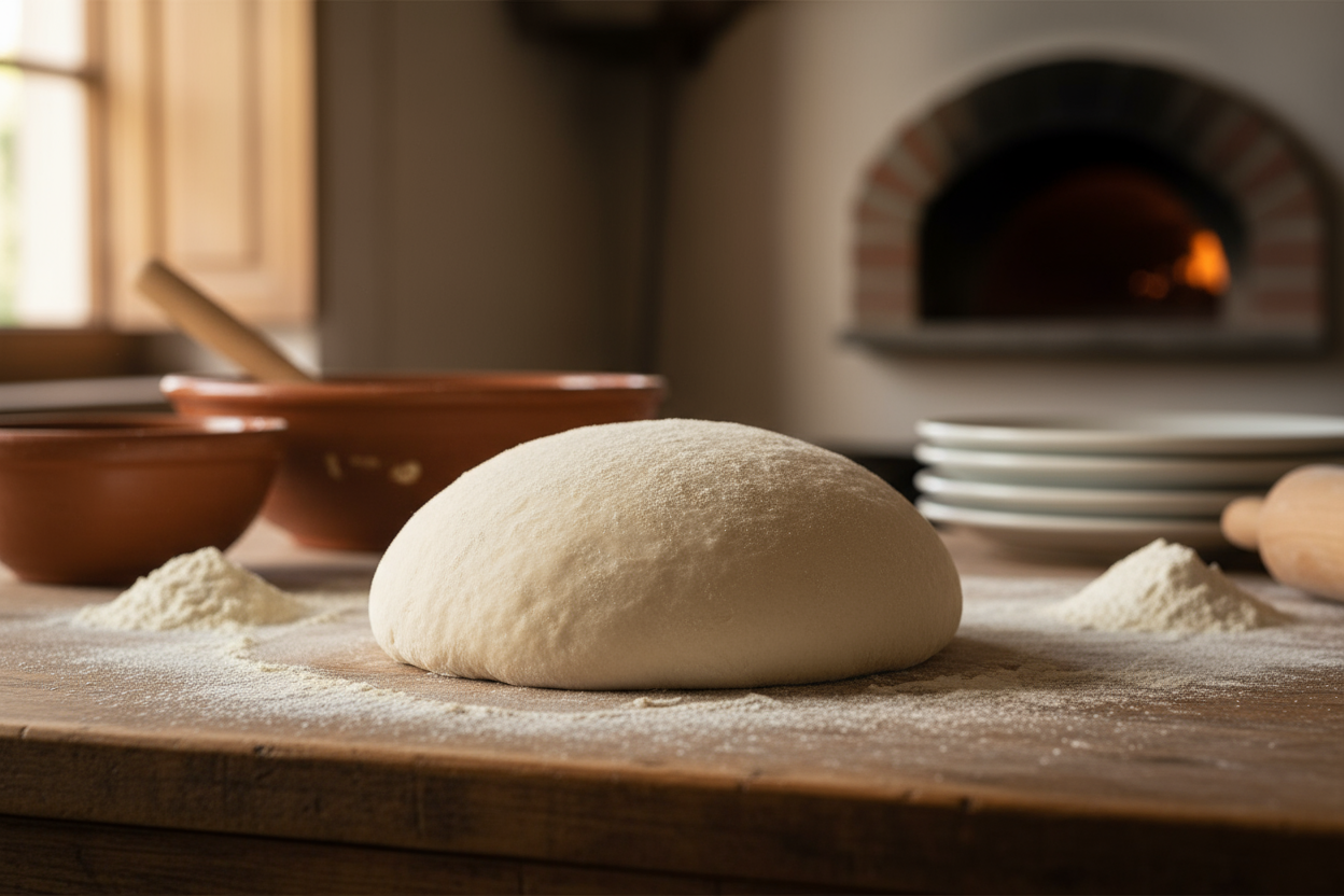 Napolitanske pizza deig klar til å rulles ut og stekes